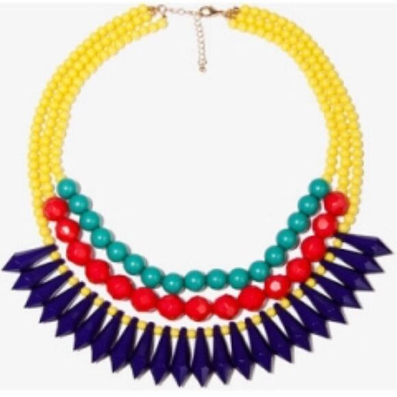 Yellow beaded red and green and blue statement necklace - Picture 7 of 7